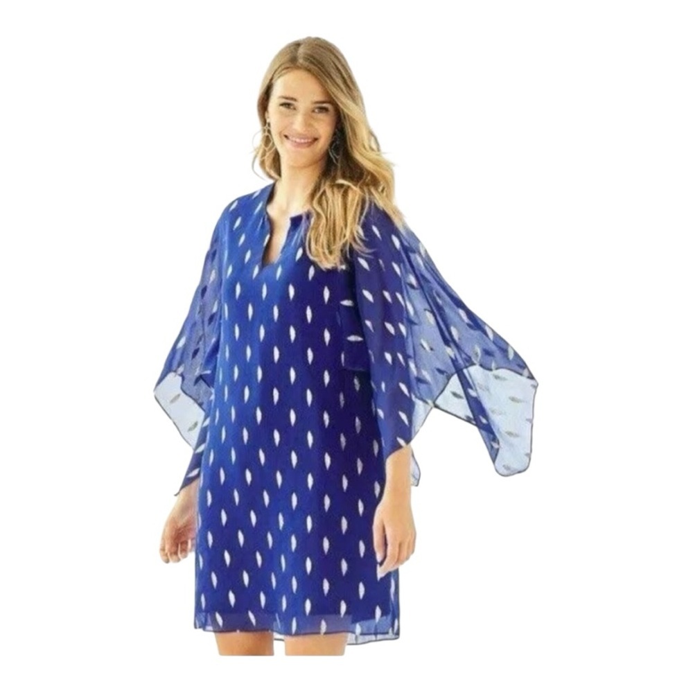 Lilly Pulitzer Shalynn Silk Caftan
Navy Gold semi-sheer scarf sleeves Size 2